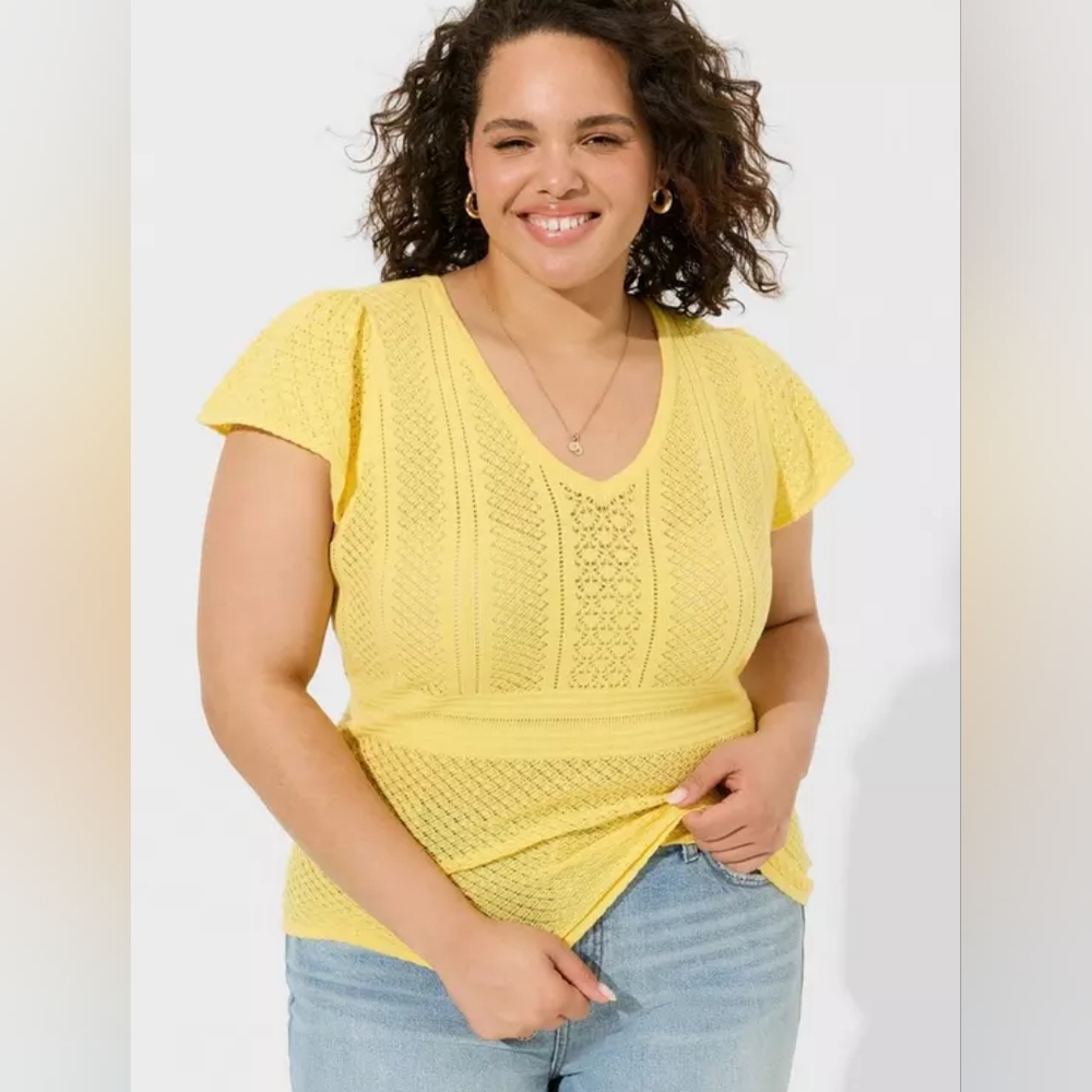 Torrid Everyday Soft Pullover Pointelle Yellow Flutter Sleeve Top Size 3